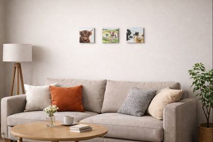 styled scene comprising of a sofa and coffee table - three farmyard animal pictures are set on the wall above the sofa