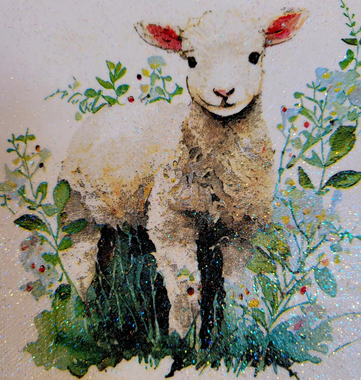 Illustration of a lamb surrounded by flowers and plants on a textured background