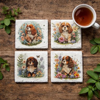 Four white square coasters with Cavalier King Charles Spaniel designs on a wooden surface with a cup of tea.
