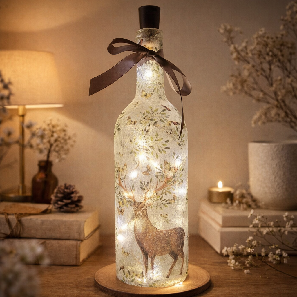 wine bottle with stag in leaves design. Lit up with cork LED lights. Grey satin ribbon around the neck. Styled scene in cosy living room