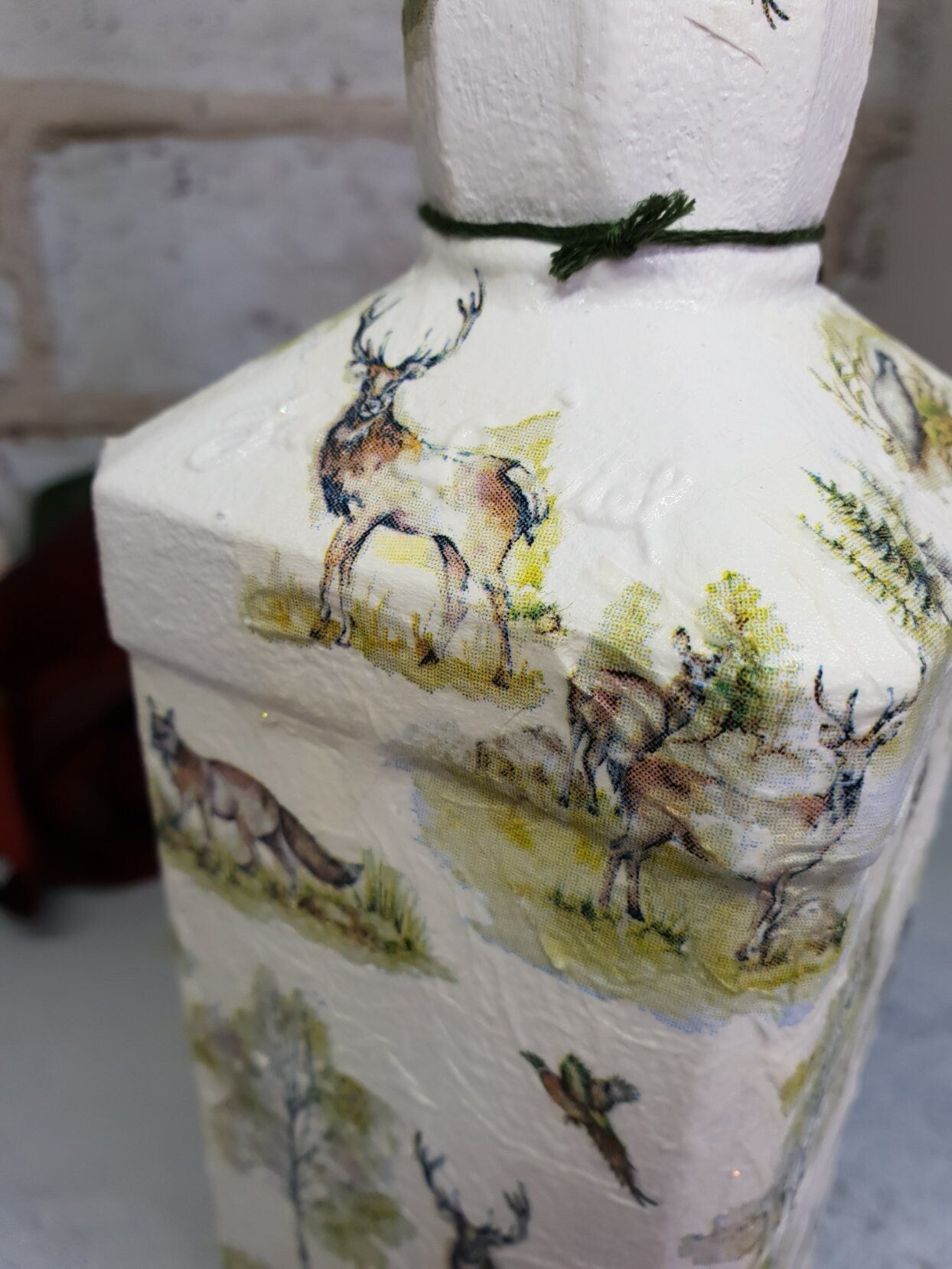 Whiskey Bottle Dispenser, Decoupage Glass Bottle Dispenser, Glass Bottle Dispenser, Recycled Bottle Dispenser - Quantock Inspiration