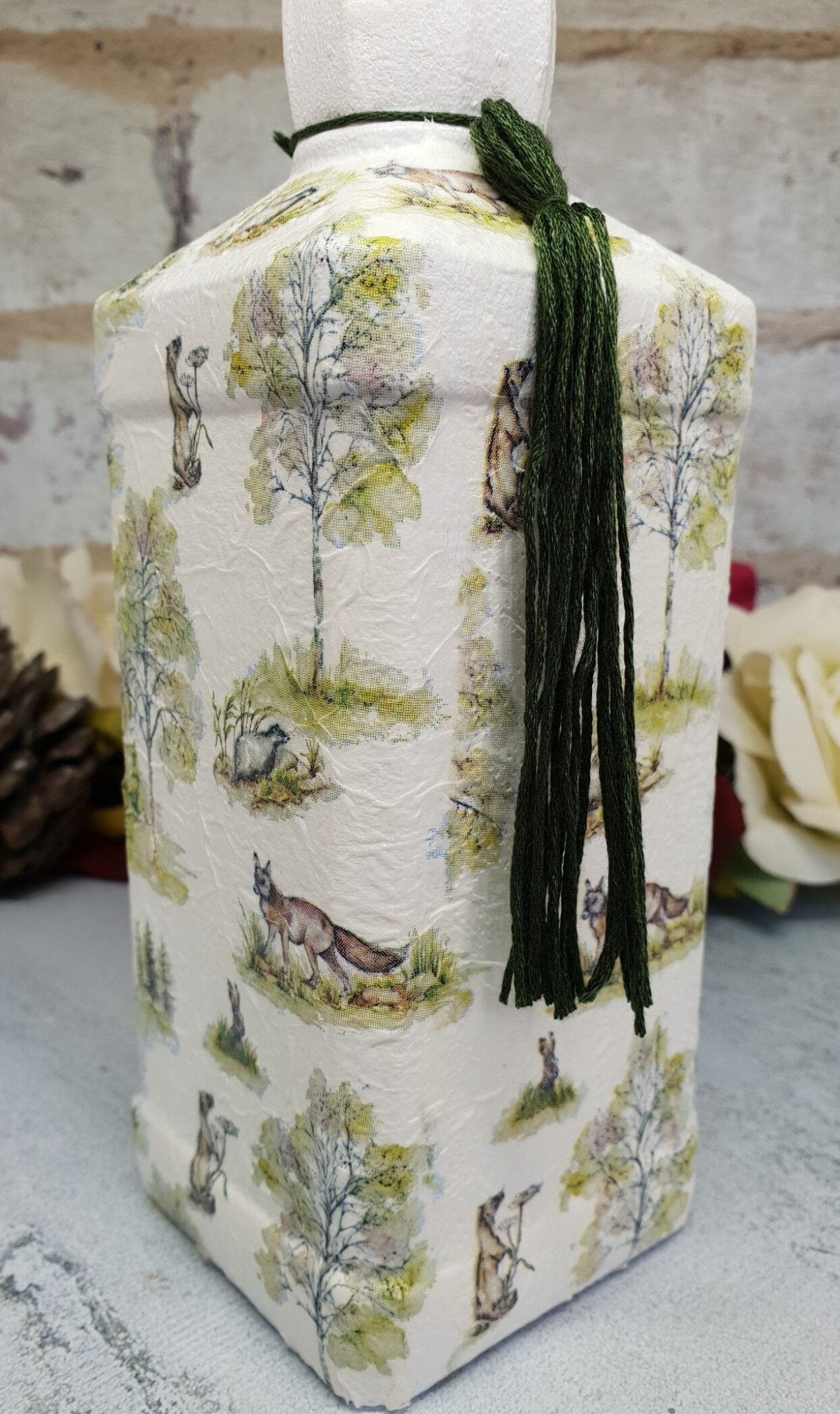 Whiskey Bottle Dispenser, Decoupage Glass Bottle Dispenser, Glass Bottle Dispenser, Recycled Bottle Dispenser - Quantock Inspiration