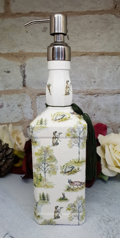 Whiskey Bottle Dispenser, Decoupage Glass Bottle Dispenser, Glass Bottle Dispenser, Recycled Bottle Dispenser - Quantock Inspiration