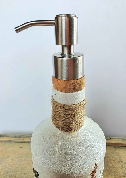 A rustic soap dispenser made from a white glass bottle, wrapped with natural jute twine and a light wood band, topped with a brushed stainless steel pump dispenser.
