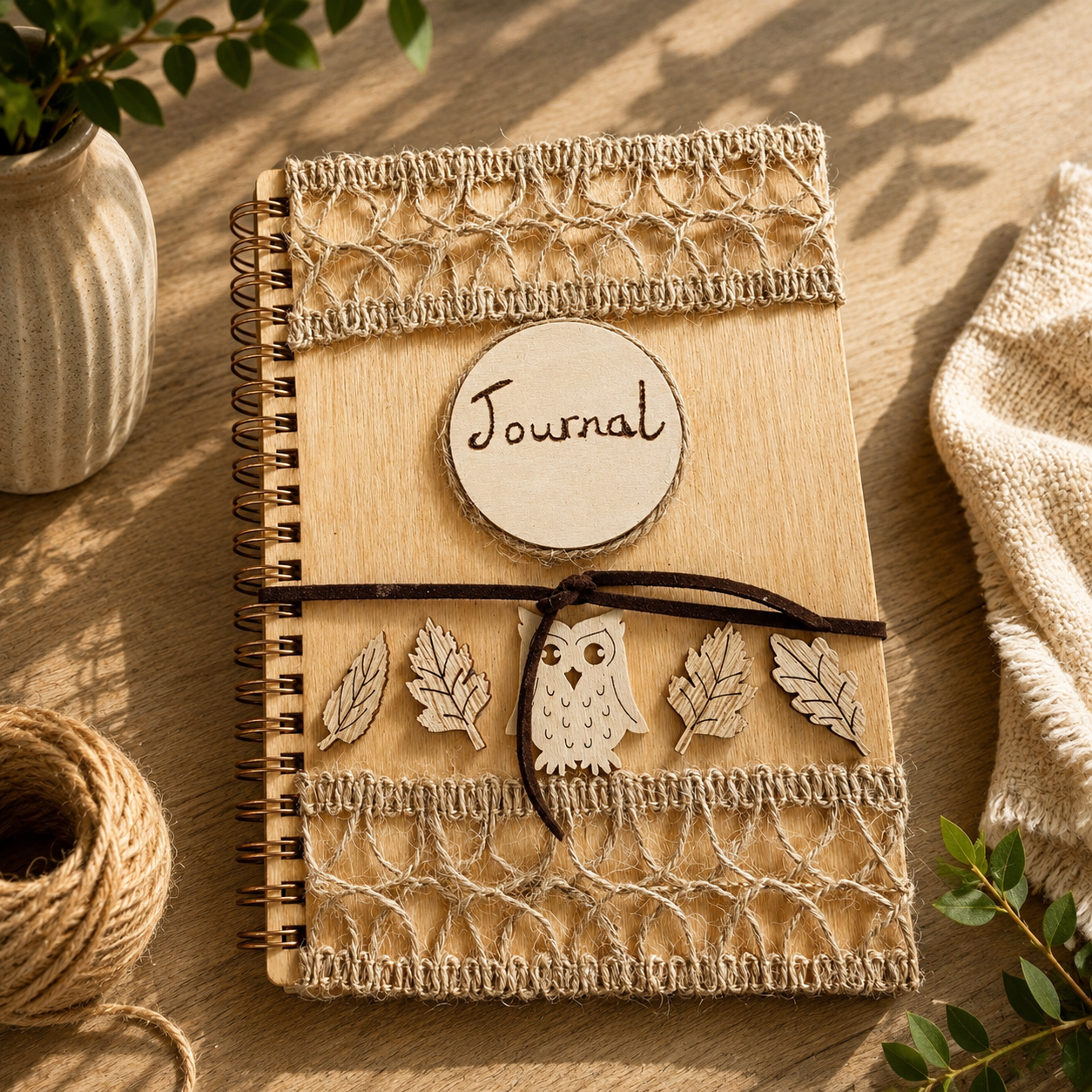 Wooden journal with decorative wooden leaves and owl elements. Burlap jute decoration top and bottom. Faux suede tie