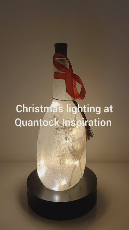 Rotating example of a Lit up round bottle with Stag detail. Cork LED lights, red bow.
