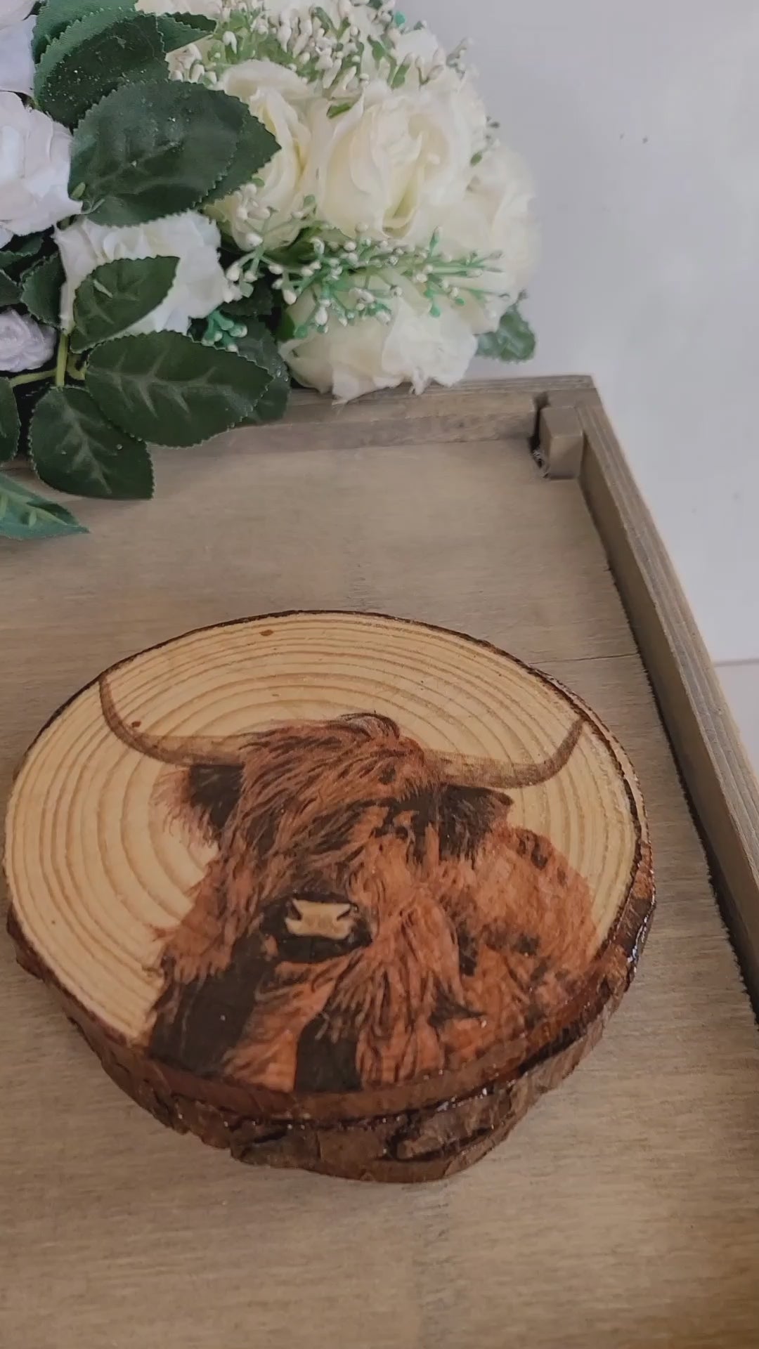four wood slices with decoupage highland cows on. the coasters have bark around the edge